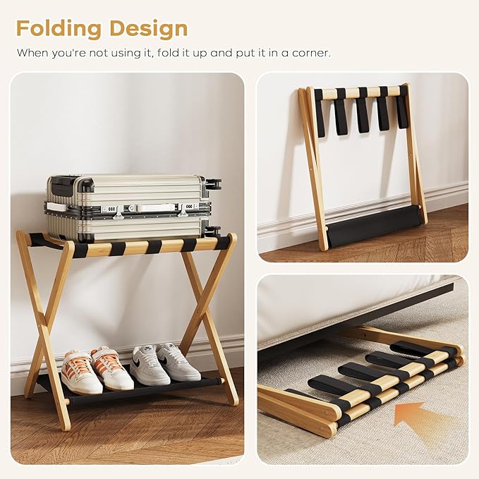Fully Assembled Luggage Racks Pack of 2, Bamboo Natural Foldable Luggage Rack for Guest Room, Suitcase Stand with Fabric Storage Shelf for Hotel, 5 Nylon Straps, 26.77" W x 16.93" D x 22.5" H