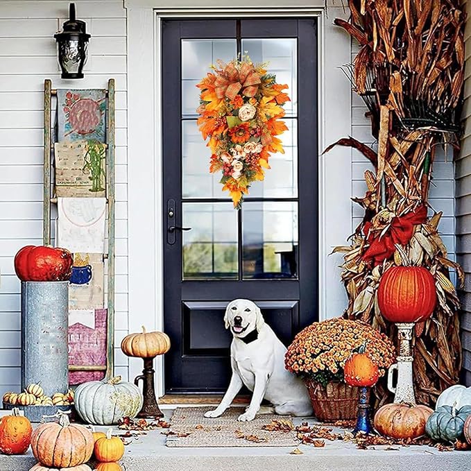 Fall Teardrop Swag - 19.69x12.6 Inches Handmade Flower Maple Berry Wreath for Harvest Festival, Holiday Decorators with Autumn Colors, Artificial Wreath for Apartment, Coffee Shop, Ready to