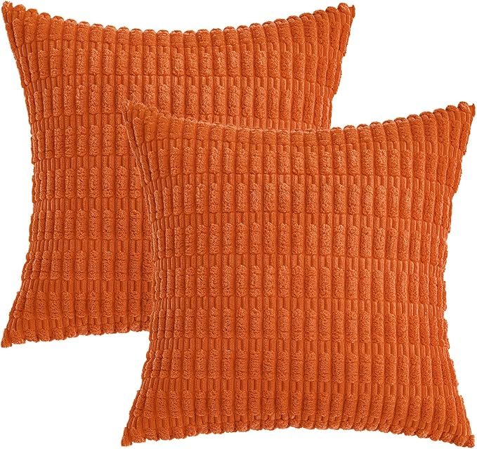 MIULEE Pack of 2 Orange Corduroy Decorative Pillow Covers 18x18 Inch Soft Boho Striped Throw Pillow Covers Modern Farmhouse Home Decor for Halloween Thanksgiving Summer Sofa Living Room Couch Bed