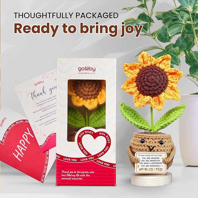 Gossby Appreciation Gift Women - Sunflower Flower Crochet - Thank You, Inspirational, Encouragement Gift Coworker, Boss, Employee, Teacher, Friend - Positive Emotional Support Plush - You're Amazing