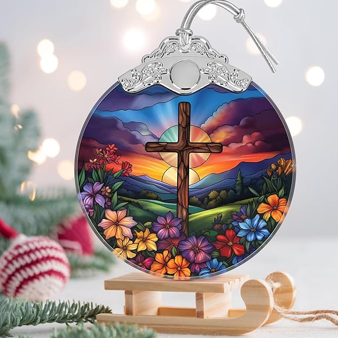 Cross Spring Flower Stained Glass Orament - Christmas Ornament - Christmas Decorations for Tree - Holiday Present ldeas - Gift Exchange