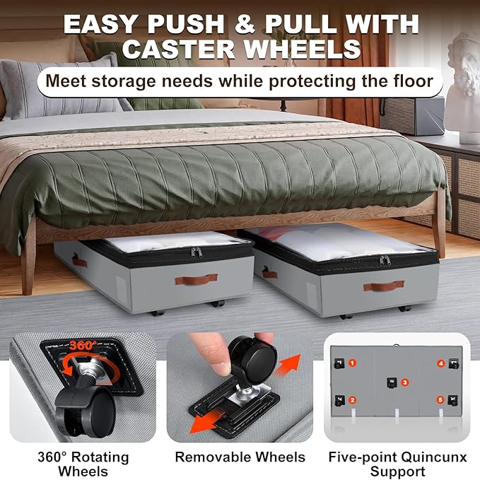 2 Pack Under Bed Storage with Wheels, Adjustable-Height Rolling Storage Containers with Clear Lids, 76L XXL Durable Underbed Organizer Bins for Clothes, Shoes, Blankets, Bedroom, Dorm, Closet - Gray