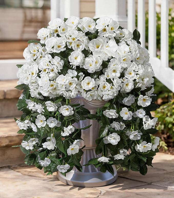 Artificial Fake Hanging Flowers Geraniums for Outdoors Spring Outside Decor, 2 PCS Faux Silk Flowers UV Resistant Outdoor Plants Realistic White Trailing Vines for Planters Porch Patio Garden Balcony