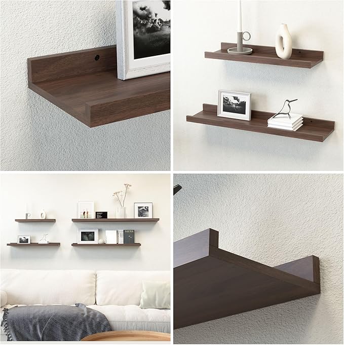 Boswillon 23.6 Inch Long Floating Shelves - 2 Set Farmhouse Wall Shelf for Bedroom, Nursery Book Shelf with Lip, Picture Ledge Shelf for Wall Decor Living Room Bathroom Kitchen - Walnut