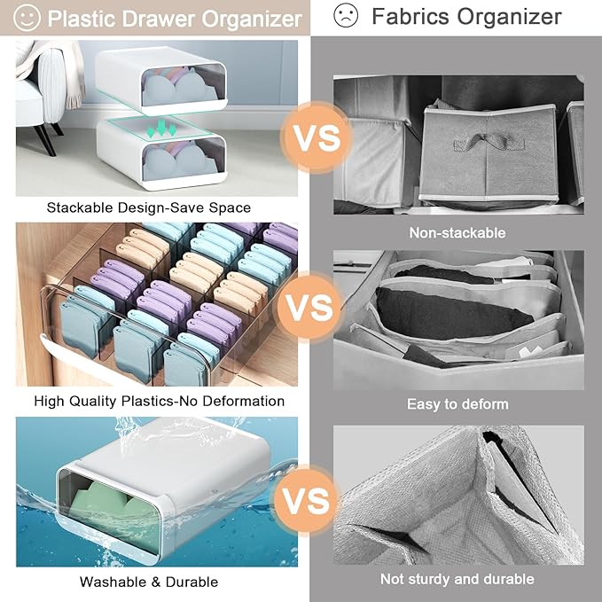 Underwear Organizer Drawer, 15 Cells Plastic Sock Underwear Storage Drawer, Stackable Closet Organizers and Storage Box for Bras, Socks, Scarves, Ties, Belt (Queen Size-White, 1 Pcs)