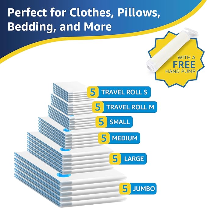 30 Pack Compression Storage Bags, Vacuum Storage Bags, Space Saver Bags for Comforters, Blankets, Pillows and Clothes Storage, Hand Pump Included (5 Jumbo/5 L/5 M/5 S/5 Roll M/5 Roll S)
