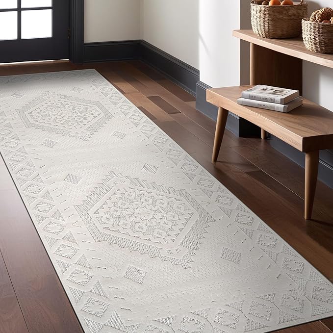 Modern Micro Loop Indoor Runner Rugs for Living Room Bedroom Kitchen Geometric Trellis White 2x7 Luxury Durable Low and High Pile Non-Shedding Stain Resistant Soft Area Carpet 2 x 7