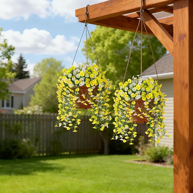 Fake Artificial Hanging Flowers for Outdoor, 8 PCS Silk Morning Glory Faux Flowers with Eucalyptus Leaves,Realistic Hanging Plants for Wedding Home Office Garden Decor