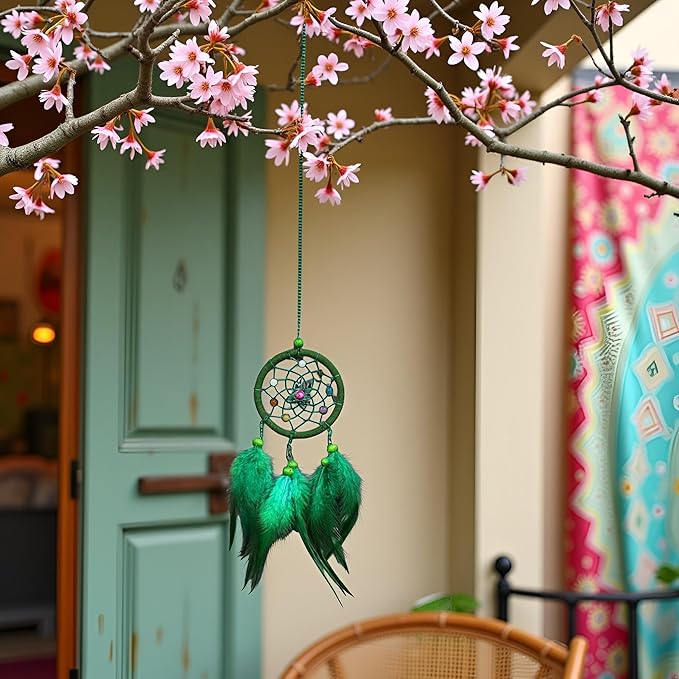 Green Small Dream Catcher with Feathers Wall Hanging Ornament Indian Style Decoration Wind Chimes for Car Home Wall Decor