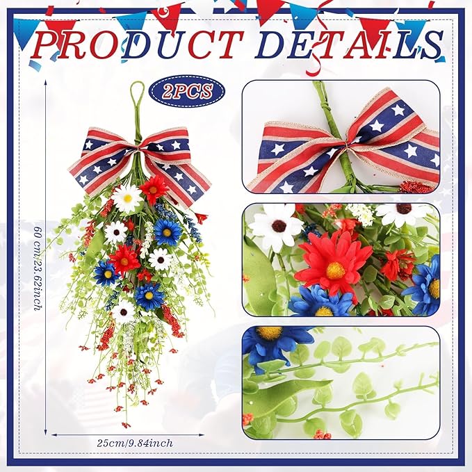 24inch Patriotic Red, White and Blue Floral Swag Wreath for Front Door Patriotic American Floral Teardrop Swags 4th of July Independence Day Rings Wreaths for Pillars Porch Wall Window Decor