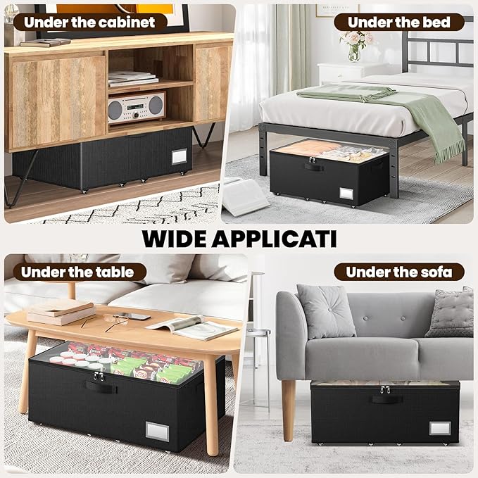 Dayacoco Underbed Storage with Wheels, 2 Pack Under Bed Storage Containers with Clear Lids, No Assembly Required 10.1 inch Rolling Under Bed Storage for Clothes, Blankets