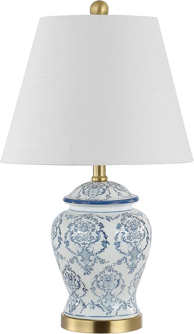 JONATHAN Y 22.25" Blue/White Chinoiserie Ceramic Urn Table Lamp, Traditional Classic Nightstand Lamp for Living Room Bedroom, White Linen Shade, LED Bulb Included JYL3085A