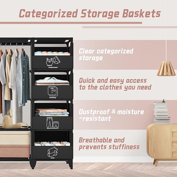 Portable Closet, Easy Assembly, Large Capacity Wardrobe Closet, Sturdy and Stable Clothes Rack with Shelves 4 Storage Baskets and 2 Hanging Rods, for Bedroom and Cloakroom Black