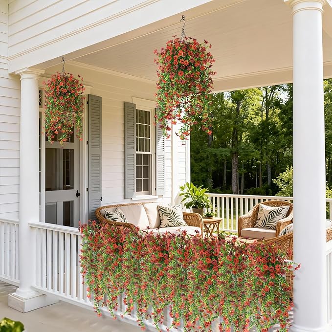 Artificial Hanging Flowers for Outdoors, 2 Pcs Fake Hanging Plant Spring Summer Decor, UV Resistant No Fade Realistic Faux Flower for Front Door Porch Planter Patio Garden Yard(Red Brown)