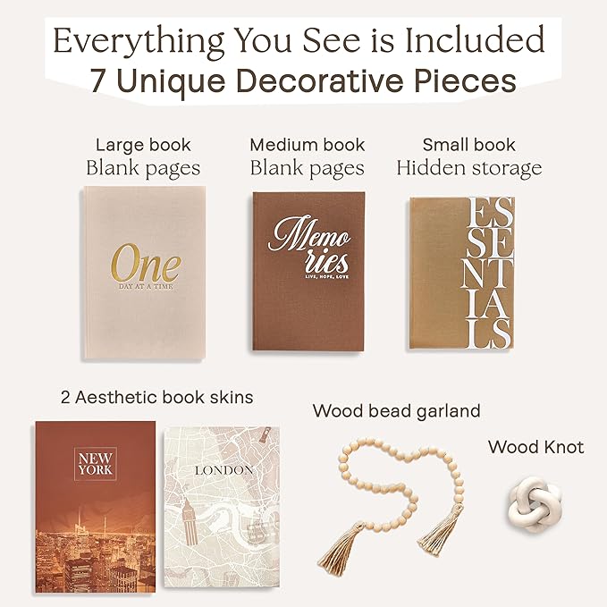 JULZEN Linen Decorative Books for Home Decor - Aesthetic Set of 3 Beige Fake Books for Coffee Table Decor with Faux Book Box Storage, Wood Knot & Bead Garland - Neutral Living Room Decoration