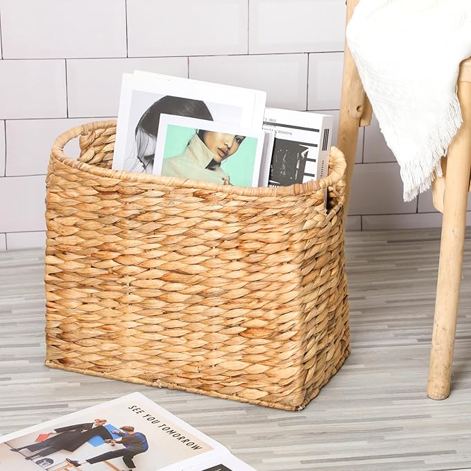 Tatuo Seagrass Magazine Baskets Magazine Holder Tall Narrow Woven Storage Wicker Basket Floor Bathroom Home Office Handwoven Holder for Books, Newspaper, File and Mail(Light Brown)