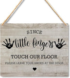 Wall Pediments Shoes Off Sign,Shoes Off Sign for Front Door,Since Little Fingers Touch Our Floor Door Sign,Shoes Off Hanging Welcome Sign for Front Door,6x12 Inches，Wood Grain-6