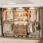 T3 Closet System with Stepless Dimmable LED Light, Industrial Pipe Clothing Rack with 4 Drawers, 6 Wooden Shelves & 4 Telescopic Rods, Heavy Duty Closet Organizers in Wardrobe Closet (Rustic Brown)
