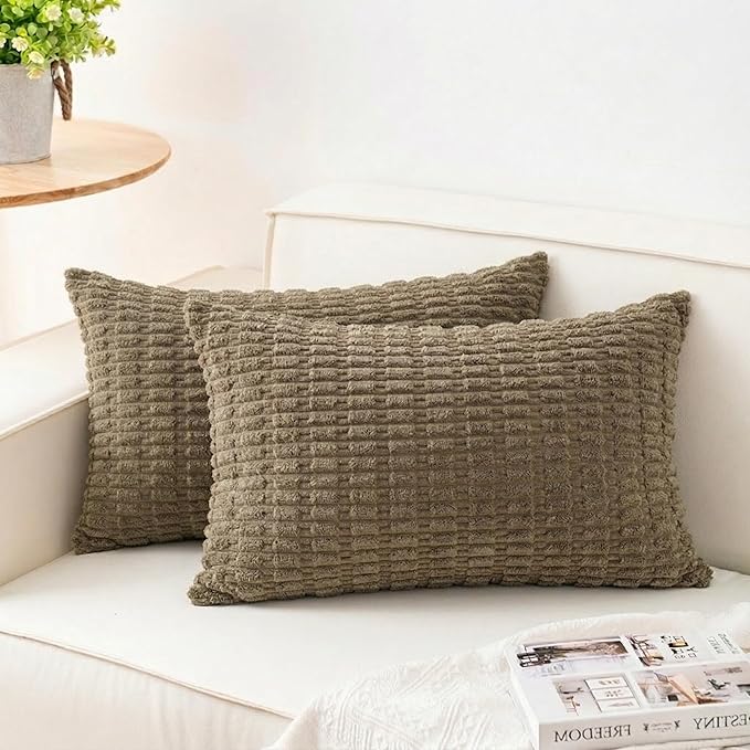 Aegero Pack of 2 Corduroy Decorative Throw Pillow Covers 12x20 InchSoft Striped Pillow Covers Modern Farmhouse Home Decor for Sofa Living Room Couch Bed（Green）