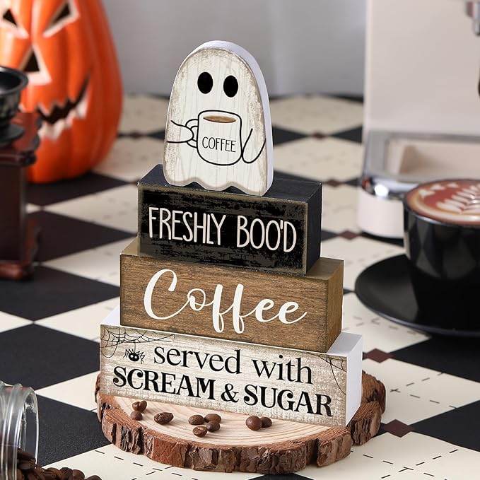 Lineshading 4 Pcs Halloween Table Decor Coffee Ghost Wooden Sign Halloween Tiered Tray Decor Farmhouse Ghost Tabletop Centerpiece Decorative Coffee Bar Block Signs for Home Office Kitchen Shelf