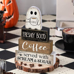 Lineshading 4 Pcs Halloween Table Decor Coffee Ghost Wooden Sign Halloween Tiered Tray Decor Farmhouse Ghost Tabletop Centerpiece Decorative Coffee Bar Block Signs for Home Office Kitchen Shelf
