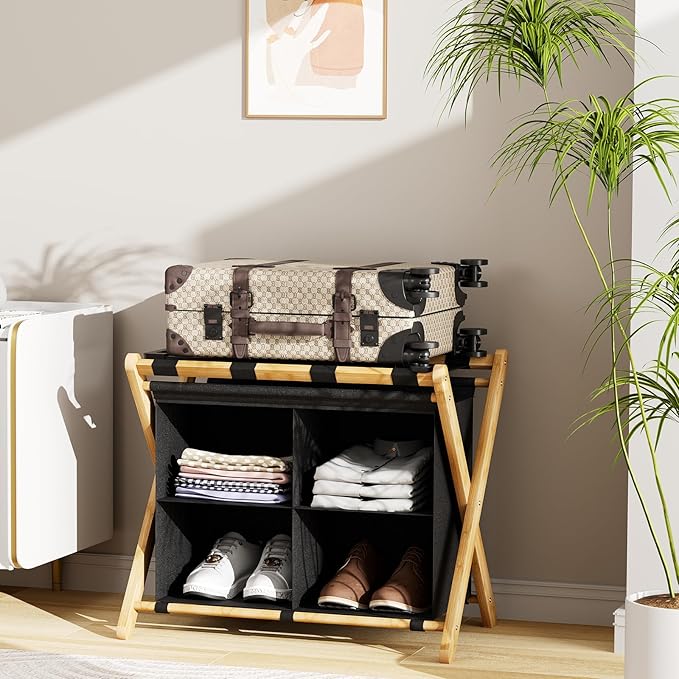 Luggage Rack for Guest Room, Folding Suitcase Stand with Fabric Storage Shelf, Upgraded Bamboo Luggage Holder, Steel Foldable Luggage Stand for Guest Room, Bedroom, Hotel, Natural