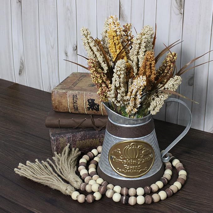 Farmhouse Decor Beads 60in Wooden Bead Garland with Tassels Boho Rustic Home Decor Accent Prayer Country Minimalist Decoration for Wall Hanging Room Table Mantle Shelf