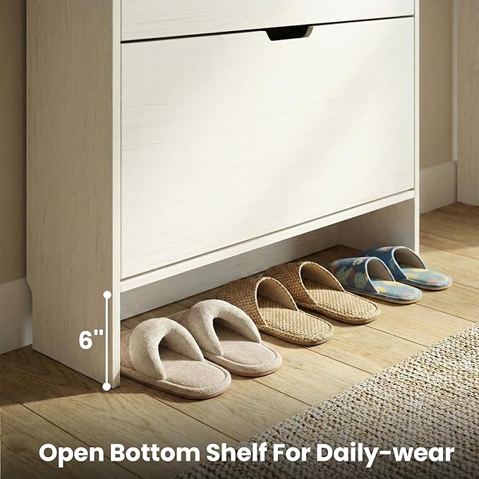 Shoe Cabinet for Entryway Slim, 3-Drawer Flip Hidden Shoe Storage for 21 Pairs, Narrow Tall Wooden Rack with Bottom Shelf & Fenced Top, White