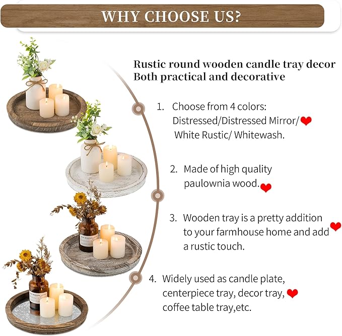 Hanobe Candle Plate Holder Tray: Round Wood Decorative Candle Plate - Rustic Farmhouse CoffeeTable Decor - Tealight Pillar Trays for Home Decor (Distressed Mirror)