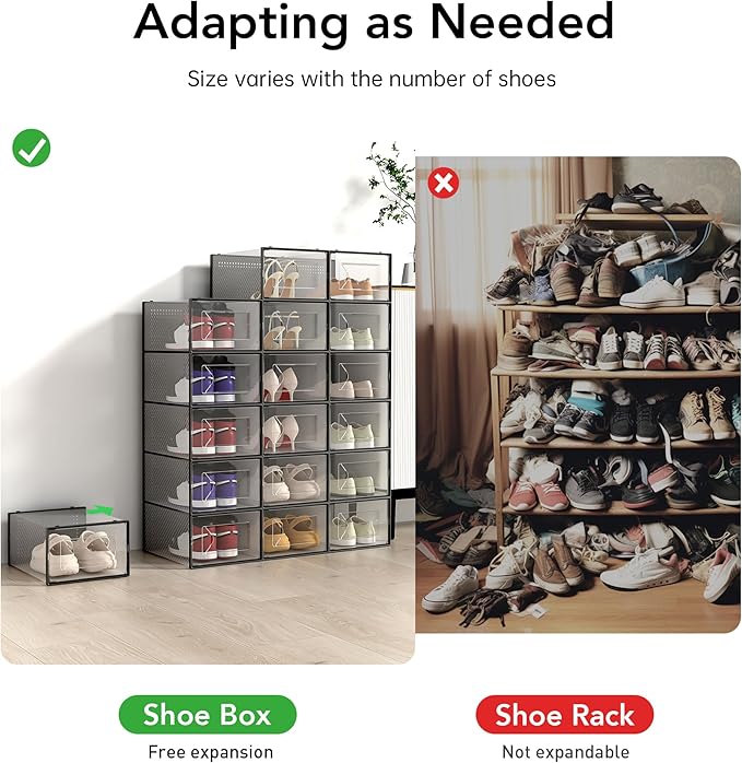 X-Large Shoe Storage Box, 15 Pack Clear Plastic Stackable Shoe Organizer for Closet, Interlocking Design Shoe Container Bins for Sneakers, Foldable Shoe Rack with Lids, Black