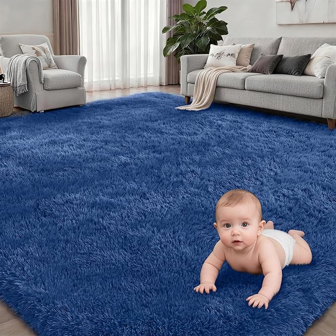 6x9 Area Rugs for Living Room Bedroom: Ultra Soft Fluffy Shag Rug Upgrade Non-Slip Non-Shedding Large Fuzzy Plush Carpet Indoor Floor Carpets for Kids Room Playroom Nursery Dorms Home Decor Blue