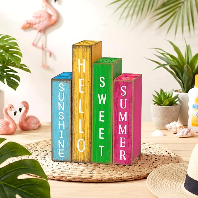 Lineshading 4 Pcs Summer Table Decoration Wooden Book Hawaii Beach Decoration Blue Yellow and Red Summer Tiered Tray Decor Wood Book Sign Farmhouse for Hawaii Party Home Shelf Coffee Table