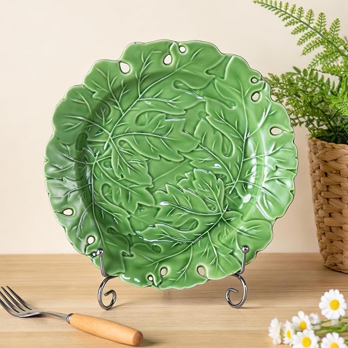 KAMMAK Ceramic Decorative Plate Set of 2, Porcelain Plates for Kitchen Dining Room Wine Cabinet Home Decor, Vintage Collector Plates with 2 Display Stand, Green Leaves (8-inch + 10-inch)