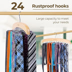 Ohuhu 24-Hook Wooden Tie Rack Organizer - Space Saving Closet Hanger with 360° Rotating Hooks, Anti-Slip Clips for Ties, Belts, Scarves - Premium Hardwood & Rustproof Steel Construction
