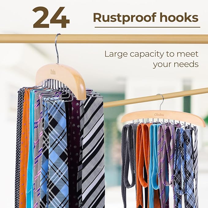 Tie Rack Hanger for Closet: Ohuhu 2 Packs 24 Folding Hooks Tie Hangers for Men Wooden Tie Holder Organizer Space Saving Necktie Storage 360 Degree Rotating Ties Belts Scarves Tank Tops-Burlywood