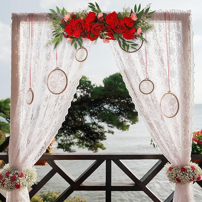 Artificial Peony Flower Swag, 29.6in Faux Eucalyptus Leaves Corner Rose Floral Swags, Artificial Mirror Flower Chair Back Flower Swags for Sheer Drapes, Wedding Chair, Arbor, Wedding(red)