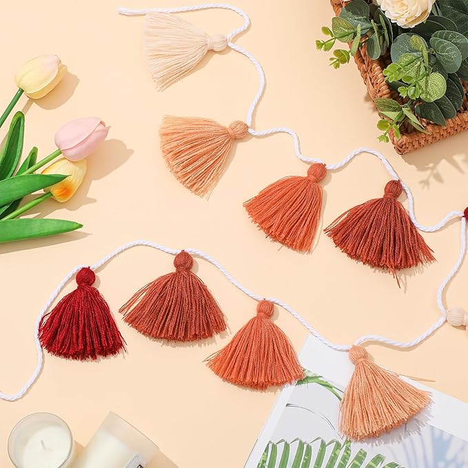 WILLBOND 4 Pieces Valentine's Day Tassel Garland for Classroom Wall Decor Boho Pastel Garland Cotton Tassel Banners for Party School(3.1 Inch,Boho Colors)