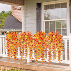 Artificial Fall Flowers for Outdoor, 4 Pcs Faux Pansy Fake Mums Plant Hanging Flowers Outdoor Fall Decor, UV Resistant No Fade Silk Flower for Front Door Porch Planter Patio Yard Garden(Orange Golden)