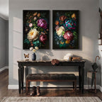 Large Framed Vintage Floral Wall Art Set of 2, Colorful Rustic Farmhouse Botanical Canvas Prints, Moody Cottage Core Peony Flower Pictures Wall Decor for Living Room Bedroom Dining Room, 24x36