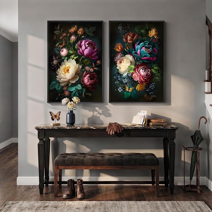 Large Framed Vintage Floral Wall Art Set of 2, Colorful Rustic Farmhouse Botanical Canvas Prints, Moody Cottage Core Peony Flower Pictures Wall Decor for Living Room Bedroom Dining Room, 24x36