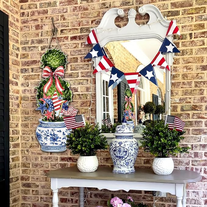 4th of July Large Size Chinoiserie Bonsai Door Hanger Patriotic Topiary Wooden Sign Front Door Home Wreath Red White and Blue Ornament for 250 Anniversary Independence Day Indoor Outdoor Yard Porch