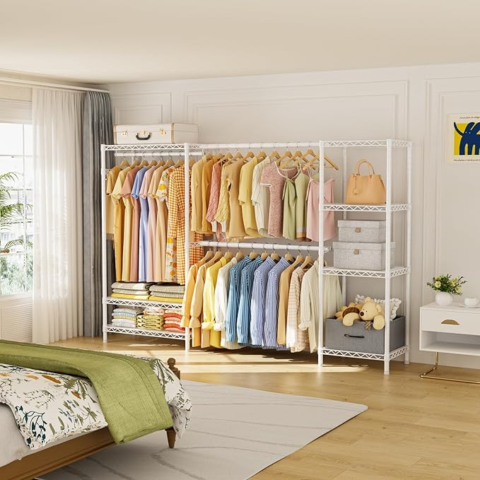 Coat Rack Clothes Wardrobe：Closet Organizer and Storage Clothing Garment Rack with Shelves Heavy Duty for Hanging Clothes Portable Adjustable White 15.8" Dx(70-88.5)" Wx76.5 H