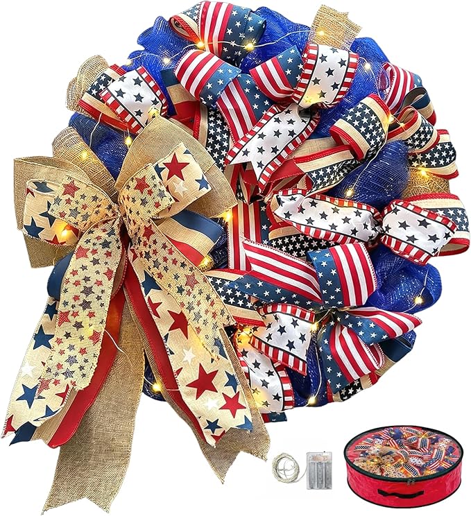 250th Anniversary Patriotic Wreaths for Front Door, 24 Inch Large 4th of July Decorations, Handcrafted Ribbon Burlap Bow, Red White and Blue Memorial Day Wreath with Lights & Storage Bag