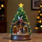 Christmas Tree Lighted Animated Rotating Adoration of The Magi Nativity Manger Scene, Musical Creche With Barn Animals Figurines LED Lights, Home Decor Gifts Festive Holiday Tabletop Decorations