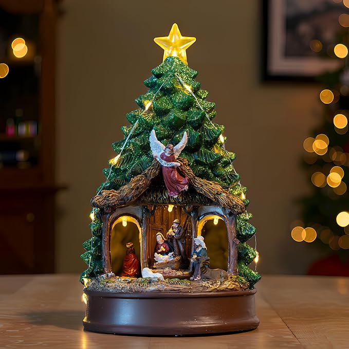 Christmas Tree Lighted Animated Rotating Adoration of The Magi Nativity Manger Scene, Musical Creche With Barn Animals Figurines LED Lights, Home Decor Gifts Festive Holiday Tabletop Decorations