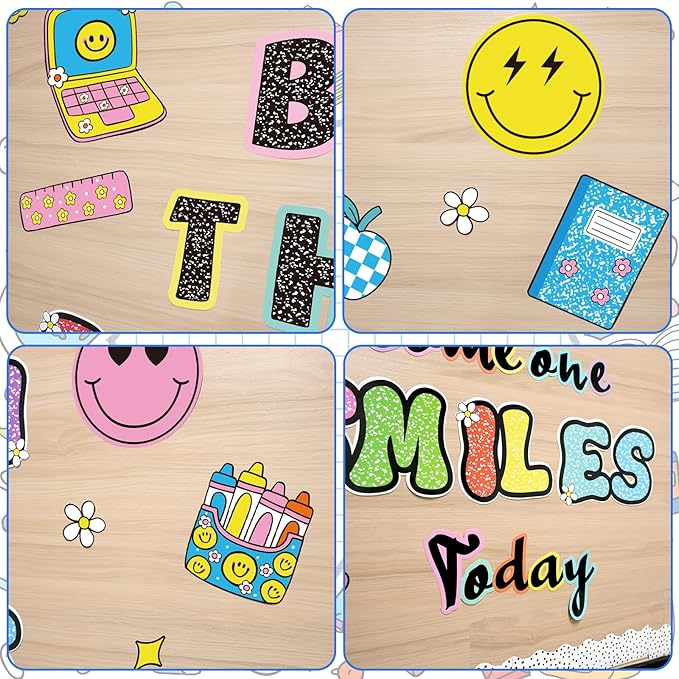 Composition Notebook Classroom Decor, Be The Reason Someone Smiles Today Bulletin Board with Happy Face Apple Rainbow Composition Book Cutouts for Posters Back to School Wall Door Chalkboard Supplies