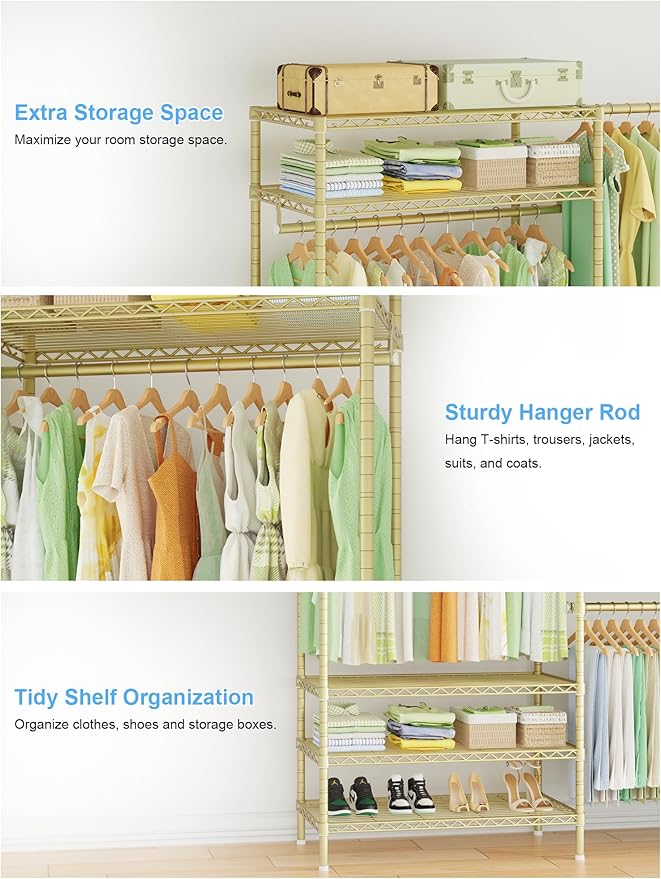 Ulif E11 Heavy-Duty Garment Rack, Metal Freestanding Clothes Rack and Closet Storage Organizer System with 8 Shelves and 4 Hanger Rods, (73.2-97.6)" W x 14.5" D x 71.2" H, Load 1034 LBS, Gold