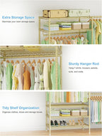 Ulif E11 Heavy-Duty Garment Rack, Metal Freestanding Clothes Rack and Closet Storage Organizer System with 8 Shelves and 4 Hanger Rods, (73.2-97.6)" W x 14.5" D x 71.2" H, Load 1034 LBS, Gold
