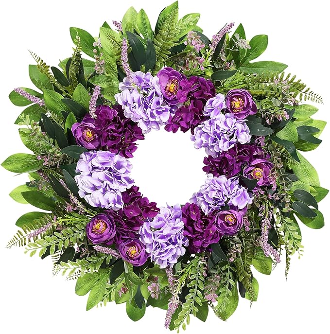 Summer Wreaths for Front Door, 24 Inch Summer Wreath Purple Floral with Hydrangea Ranunculus Flower Summer Door Wreaths for Porch Entryways Wall Window Farmhouse Party Home Seasonal Decor