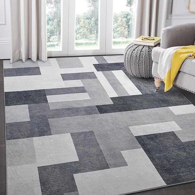 FlyDOIT Modern Geometric Patchwork Area Rug, 5x8 Gray Large Rugs for Living Room, Rockwood Collection Indoor Rugs for Bedroom, Throw Carpet Floor Decor for Entryway Dining Room Office Dorm Nursery